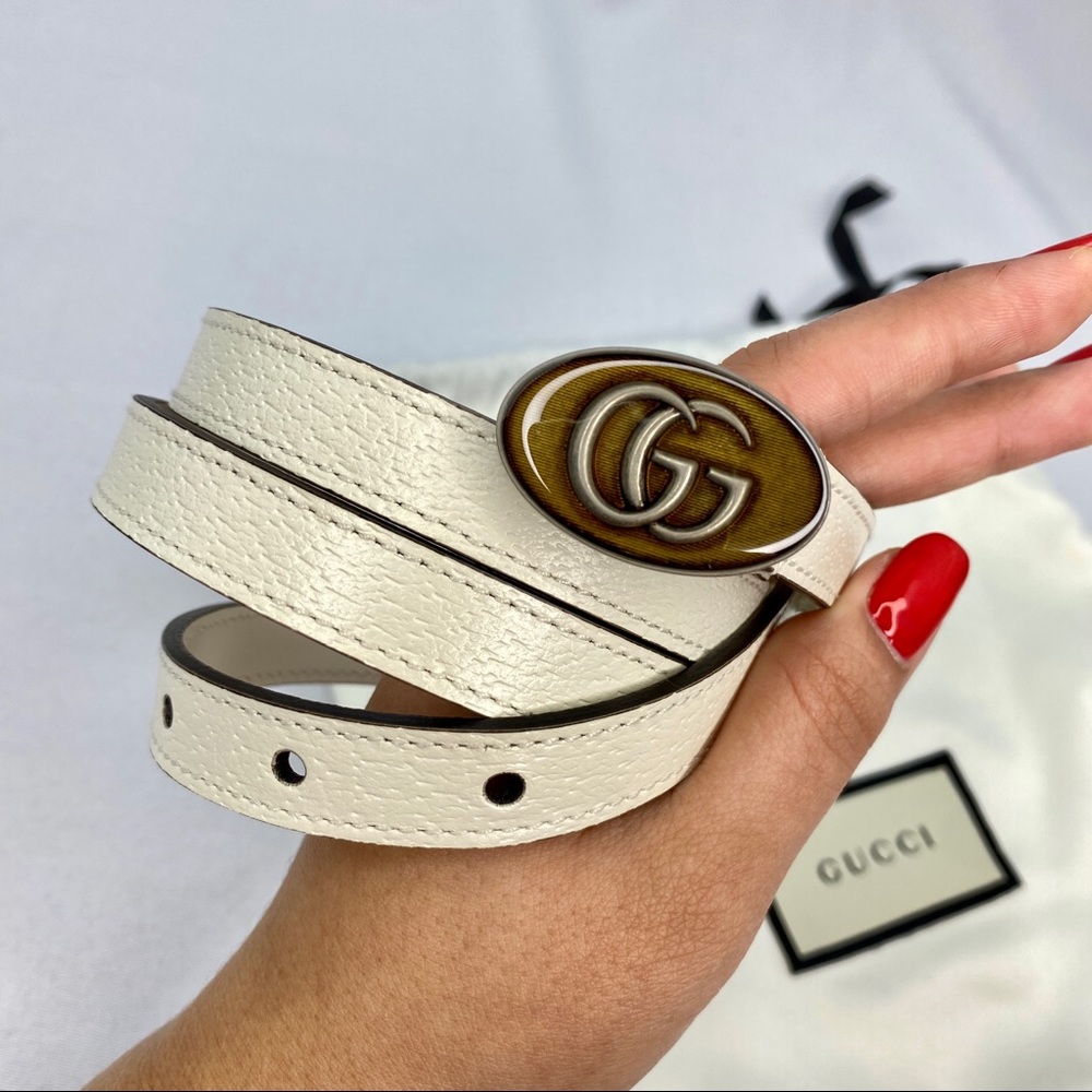 NWT Gucci White Leather Belt With Oval GG Enameled Buckle - Size 90